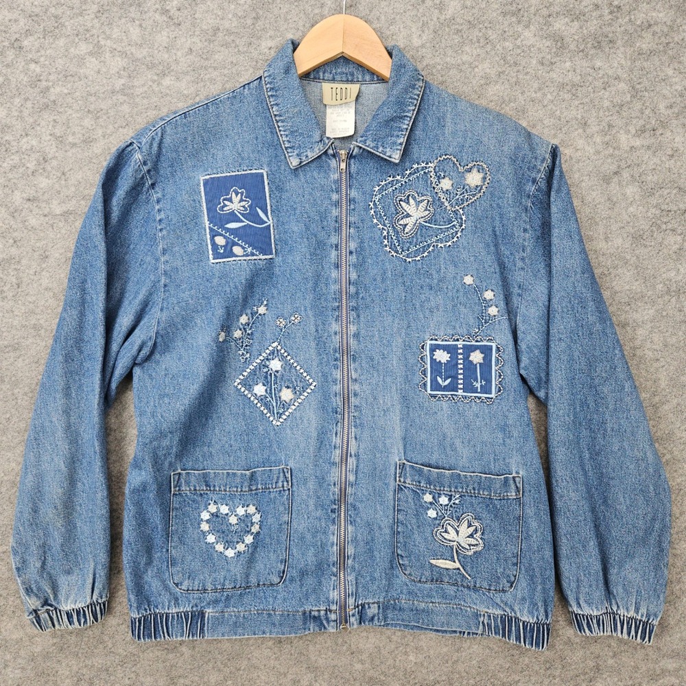 Teddi Women's Blue Denim Jacket Size M 100% Cotton Embroidered Floral Patchwork